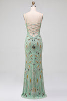 Load image into Gallery viewer, Sparkly Green Mermaid Spaghetti Straps Beaded Long Prom Dress with Slit