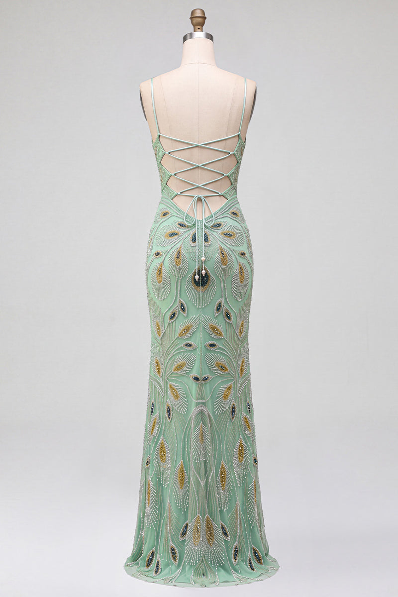 Load image into Gallery viewer, Sparkly Green Mermaid Spaghetti Straps Beaded Long Prom Dress with Slit