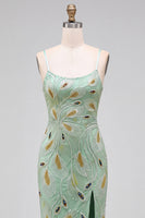 Load image into Gallery viewer, Sparkly Green Mermaid Spaghetti Straps Beaded Long Prom Dress with Slit