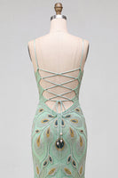 Load image into Gallery viewer, Sparkly Green Mermaid Spaghetti Straps Beaded Long Prom Dress with Slit