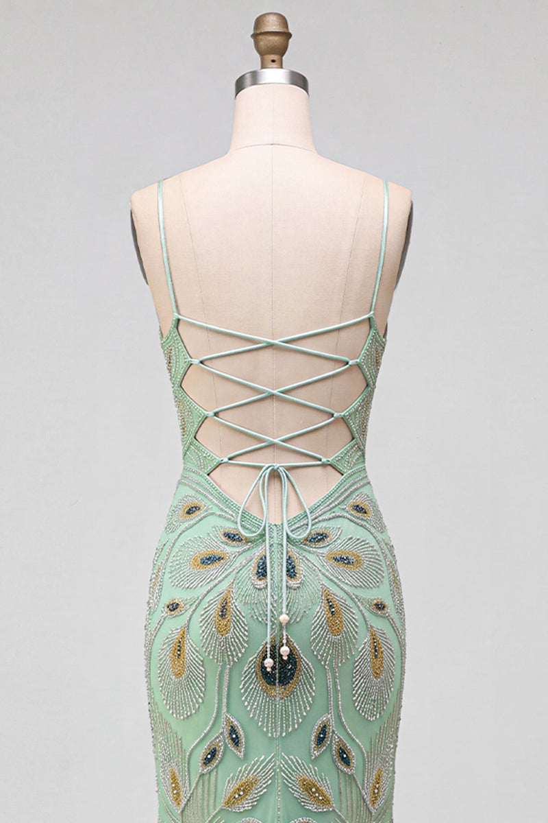 Load image into Gallery viewer, Sparkly Green Mermaid Spaghetti Straps Beaded Long Prom Dress with Slit