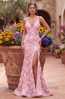 Load image into Gallery viewer, Sparkly Pink Mermaid Sequins Spaghetti Straps Floral Long Prom Dress with Slit