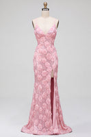 Load image into Gallery viewer, Sparkly Pink Mermaid Sequins Spaghetti Straps Floral Long Prom Dress with Slit