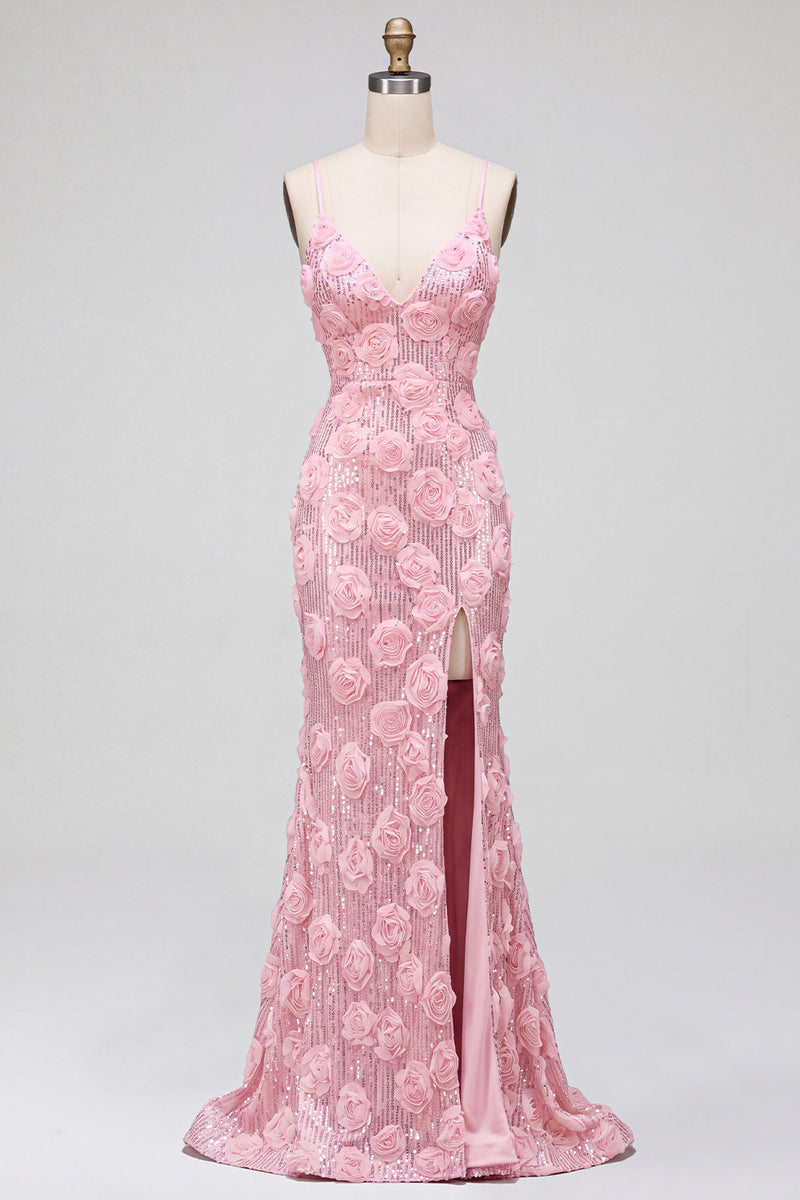 Load image into Gallery viewer, Sparkly Pink Mermaid Sequins Spaghetti Straps Floral Long Prom Dress with Slit