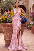 Load image into Gallery viewer, Sparkly Pink Mermaid Sequins Spaghetti Straps Floral Long Prom Dress with Slit
