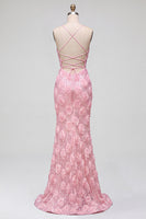 Load image into Gallery viewer, Sparkly Pink Mermaid Sequins Spaghetti Straps Floral Long Prom Dress with Slit