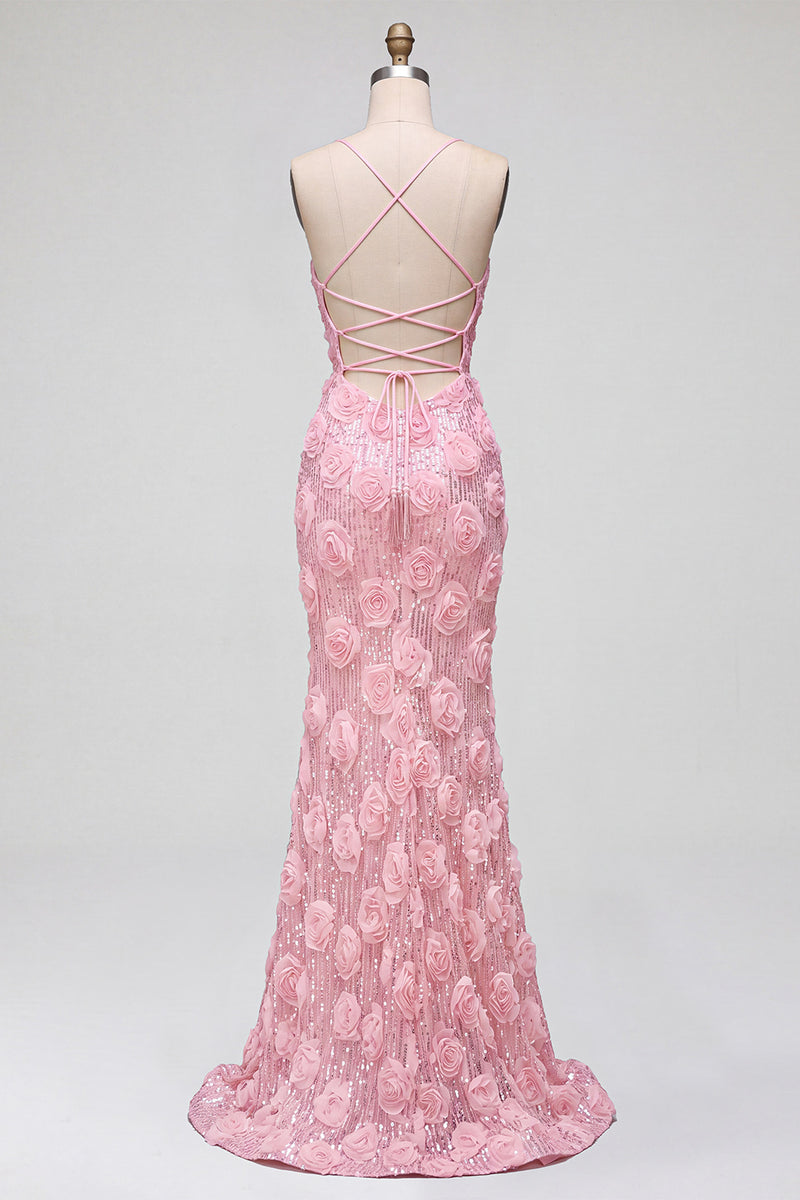 Load image into Gallery viewer, Sparkly Pink Mermaid Sequins Spaghetti Straps Floral Long Prom Dress with Slit