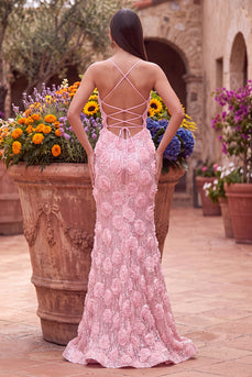 Sparkly Pink Mermaid Sequins Spaghetti Straps Floral Long Prom Dress with Slit
