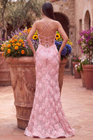 Load image into Gallery viewer, Sparkly Pink Mermaid Sequins Spaghetti Straps Floral Long Prom Dress with Slit