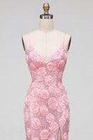 Load image into Gallery viewer, Sparkly Pink Mermaid Sequins Spaghetti Straps Floral Long Prom Dress with Slit