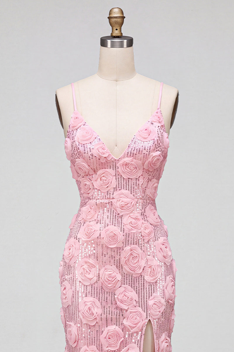 Load image into Gallery viewer, Sparkly Pink Mermaid Sequins Spaghetti Straps Floral Long Prom Dress with Slit
