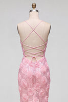 Load image into Gallery viewer, Sparkly Pink Mermaid Sequins Spaghetti Straps Floral Long Prom Dress with Slit