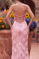 Load image into Gallery viewer, Sparkly Pink Mermaid Sequins Spaghetti Straps Floral Long Prom Dress with Slit