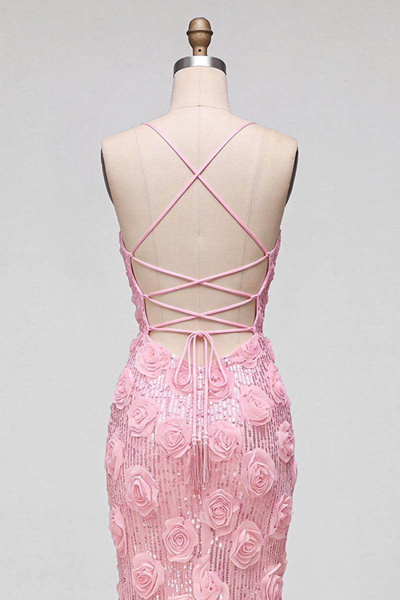Load image into Gallery viewer, Sparkly Pink Mermaid Sequins Spaghetti Straps Floral Long Prom Dress with Slit