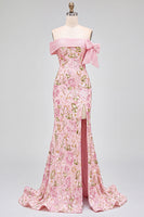 Load image into Gallery viewer, Sparkly Pink Mermaid Off the Shoulder Floral Long Sequins Prom Dress with Bow