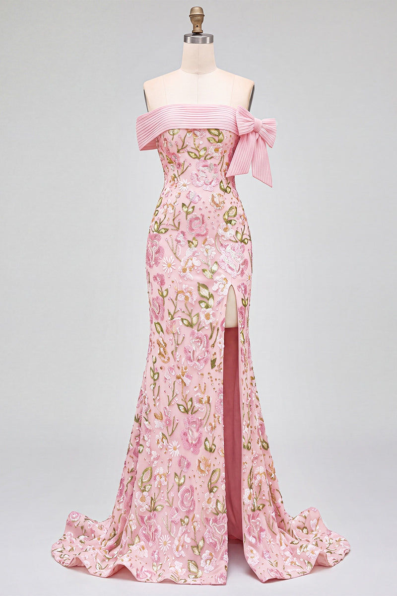 Load image into Gallery viewer, Sparkly Pink Mermaid Off the Shoulder Floral Long Sequins Prom Dress with Bow