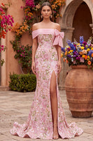 Load image into Gallery viewer, Sparkly Pink Mermaid Off the Shoulder Floral Long Sequins Prom Dress with Bow