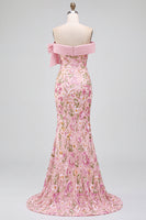 Load image into Gallery viewer, Sparkly Pink Mermaid Off the Shoulder Floral Long Sequins Prom Dress with Bow