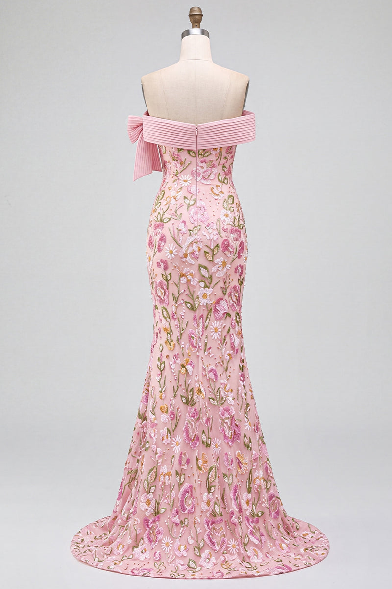 Load image into Gallery viewer, Sparkly Pink Mermaid Off the Shoulder Floral Long Sequins Prom Dress with Bow