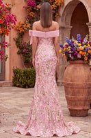 Load image into Gallery viewer, Sparkly Pink Mermaid Off the Shoulder Floral Long Sequins Prom Dress with Bow