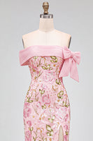 Load image into Gallery viewer, Sparkly Pink Mermaid Off the Shoulder Floral Long Sequins Prom Dress with Bow