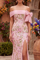 Load image into Gallery viewer, Sparkly Pink Mermaid Off the Shoulder Floral Long Sequins Prom Dress with Bow