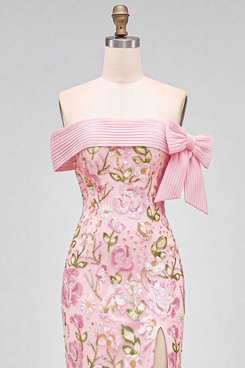 Load image into Gallery viewer, Sparkly Pink Mermaid Off the Shoulder Floral Long Sequins Prom Dress with Bow