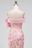 Load image into Gallery viewer, Sparkly Pink Mermaid Off the Shoulder Floral Long Sequins Prom Dress with Bow