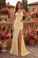 Load image into Gallery viewer, Yellow Mermaid Floral Ruched Spaghetti Straps Long Prom Dress with Slit