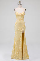 Load image into Gallery viewer, Yellow Mermaid Floral Ruched Spaghetti Straps Long Prom Dress with Slit