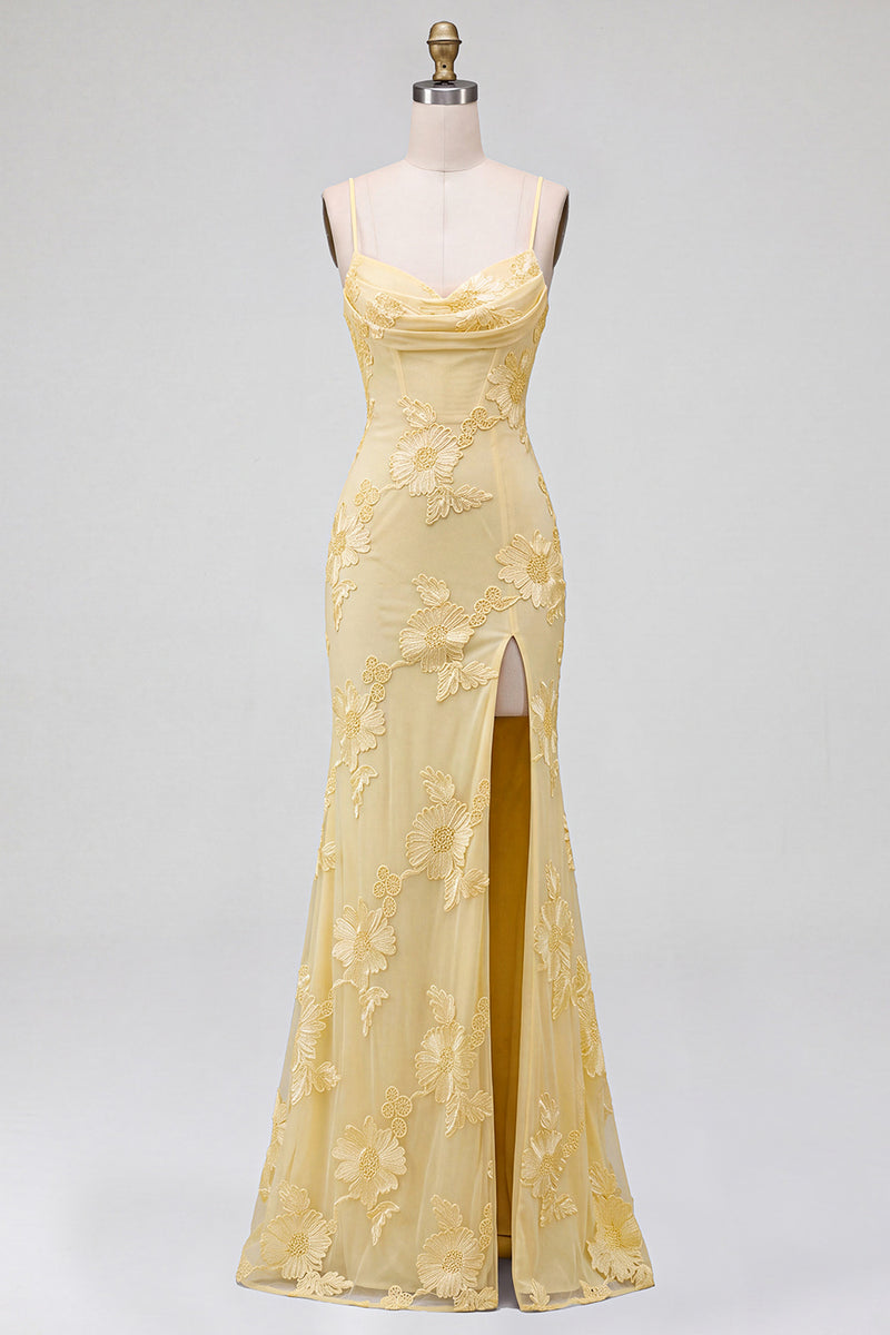 Load image into Gallery viewer, Yellow Mermaid Floral Ruched Spaghetti Straps Long Prom Dress with Slit