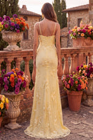 Load image into Gallery viewer, Yellow Mermaid Floral Ruched Spaghetti Straps Long Prom Dress with Slit