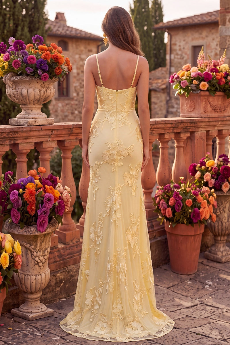 Load image into Gallery viewer, Yellow Mermaid Floral Ruched Spaghetti Straps Long Prom Dress with Slit