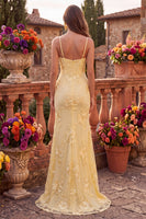 Load image into Gallery viewer, Yellow Mermaid Floral Ruched Spaghetti Straps Long Prom Dress with Slit