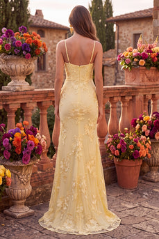 Yellow Mermaid Floral Ruched Spaghetti Straps Long Prom Dress with Slit