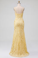 Load image into Gallery viewer, Yellow Mermaid Floral Ruched Spaghetti Straps Long Prom Dress with Slit