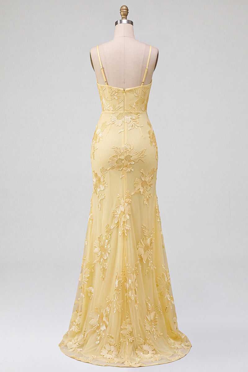 Load image into Gallery viewer, Yellow Mermaid Floral Ruched Spaghetti Straps Long Prom Dress with Slit