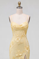 Load image into Gallery viewer, Yellow Mermaid Floral Ruched Spaghetti Straps Long Prom Dress with Slit