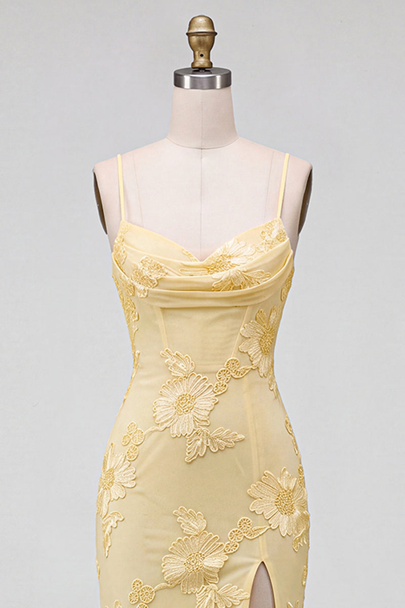 Load image into Gallery viewer, Yellow Mermaid Floral Ruched Spaghetti Straps Long Prom Dress with Slit