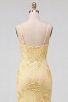 Load image into Gallery viewer, Yellow Mermaid Floral Ruched Spaghetti Straps Long Prom Dress with Slit