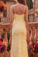 Load image into Gallery viewer, Yellow Mermaid Floral Ruched Spaghetti Straps Long Prom Dress with Slit