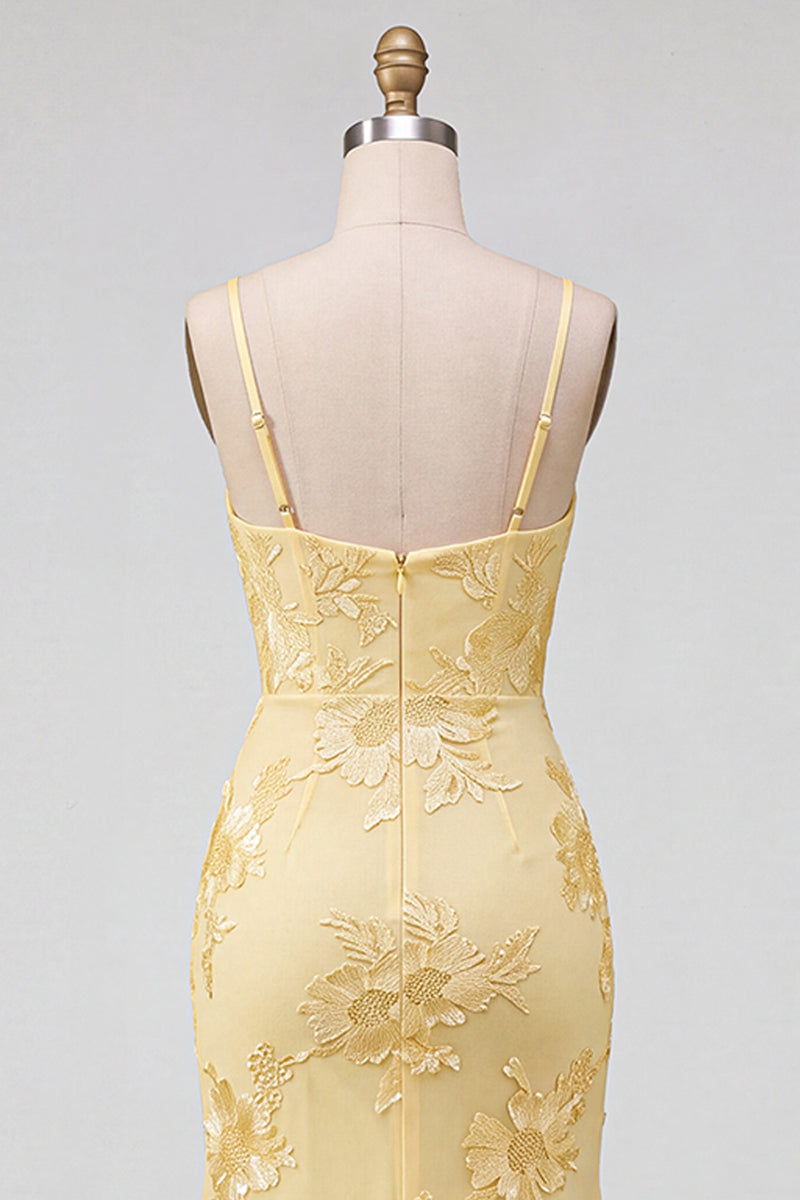 Load image into Gallery viewer, Yellow Mermaid Floral Ruched Spaghetti Straps Long Prom Dress with Slit