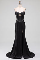 Load image into Gallery viewer, Sparkly Black Corset Satin Mermaid Beaded Sweetheart Long Prom Dress with Slit