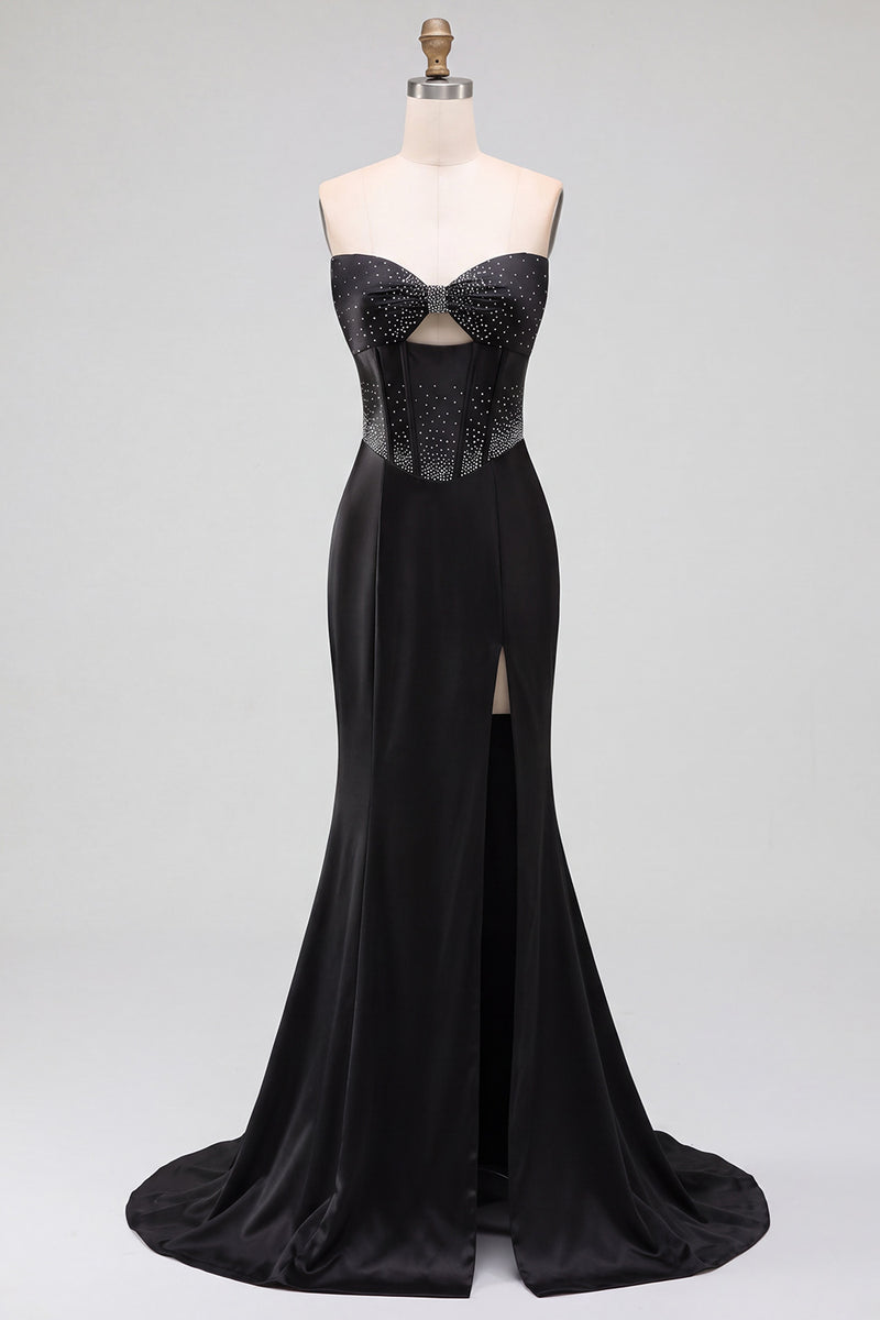Load image into Gallery viewer, Sparkly Black Corset Satin Mermaid Beaded Sweetheart Long Prom Dress with Slit