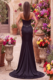 Sparkly Black Corset Satin Mermaid Beaded Sweetheart Long Prom Dress with Slit