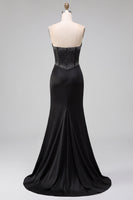 Load image into Gallery viewer, Sparkly Black Corset Satin Mermaid Beaded Sweetheart Long Prom Dress with Slit