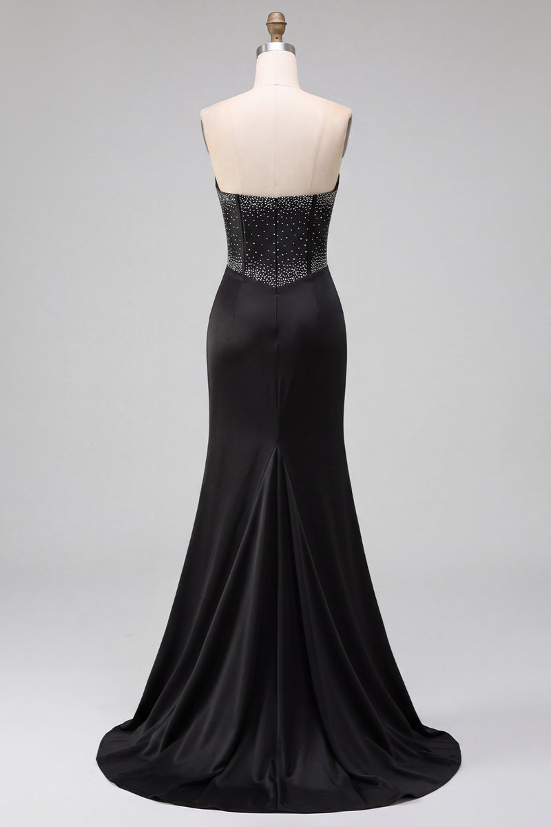 Load image into Gallery viewer, Sparkly Black Corset Satin Mermaid Beaded Sweetheart Long Prom Dress with Slit