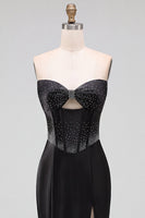 Load image into Gallery viewer, Sparkly Black Corset Satin Mermaid Beaded Sweetheart Long Prom Dress with Slit
