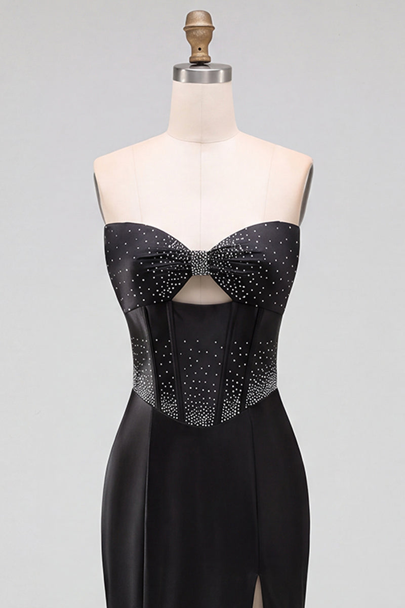 Load image into Gallery viewer, Sparkly Black Corset Satin Mermaid Beaded Sweetheart Long Prom Dress with Slit