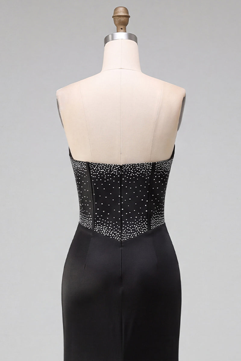 Load image into Gallery viewer, Sparkly Black Corset Satin Mermaid Beaded Sweetheart Long Prom Dress with Slit